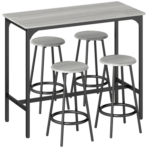 HOMCOM Conjunto de Móveis Altos Mesa e Cadeiras de Bar com 5 Peças Mesa de Refeição Industrial e 4 Bancos Redondos com Estrutura de Metal para Pub Sala de Jantar Cinzento e Preto
