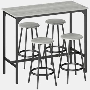 HOMCOM Conjunto de Móveis Altos Mesa e Cadeiras de Bar com 5 Peças Mesa de Refeição Industrial e 4 Bancos Redondos com Estrutura de Metal para Pub Sala de Jantar Cinzento e Preto