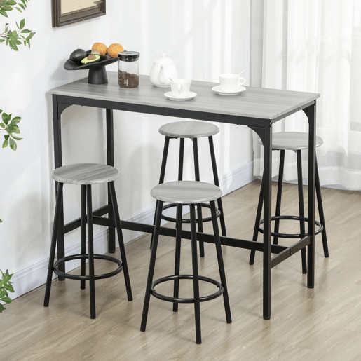HOMCOM Conjunto de Móveis Altos Mesa e Cadeiras de Bar com 5 Peças Mesa de Refeição Industrial e 4 Bancos Redondos com Estrutura de Metal para Pub Sala de Jantar Cinzento e Preto