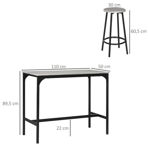 HOMCOM Conjunto de Móveis Altos Mesa e Cadeiras de Bar com 5 Peças Mesa de Refeição Industrial e 4 Bancos Redondos com Estrutura de Metal para Pub Sala de Jantar Cinzento e Preto