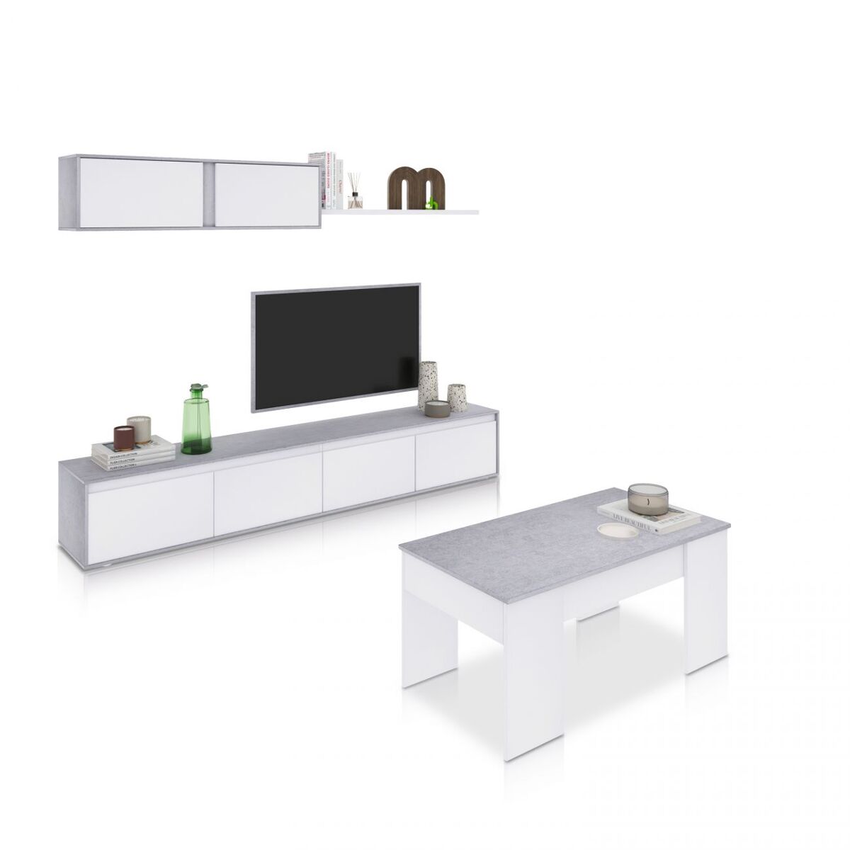 Pack salón con mesa de centro arlet plus v2 blanco artik (blanco mate) - gris cemento 200 x 43 x 41 cm