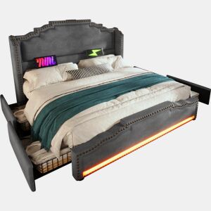 Cama de casal de veludo 160x200cm com 4 gavetas e luz led,cinzento