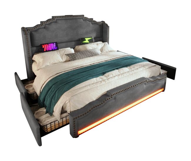 Cama de matrimonio de terciopelo con 4 cajones 169x214