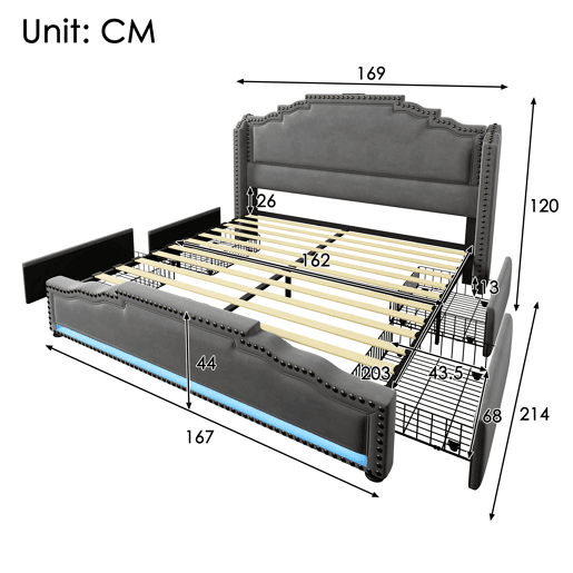 Cama de casal de veludo 160x200cm com 4 gavetas e luz led,cinzento