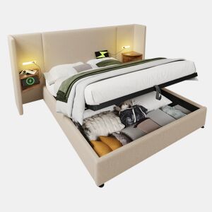 Cama de casal de linho 160x200cm com armazenamento e luz led,bege