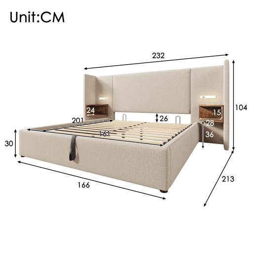 Cama de casal de linho 160x200cm com armazenamento e luz led,bege