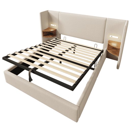 Cama de casal de linho 160x200cm com armazenamento e luz led,bege