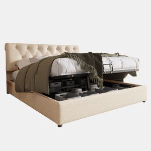Cama de casal de linho 160x200cm com armazenamento,natural