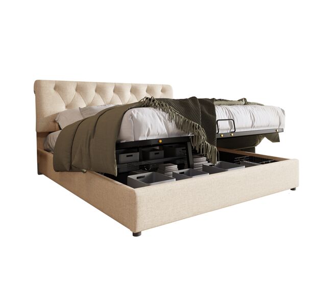 Cama de matrimonio de lino 160x200cm con almacenaje,natural