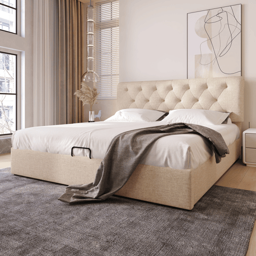 Cama de casal de linho 160x200cm com armazenamento,natural