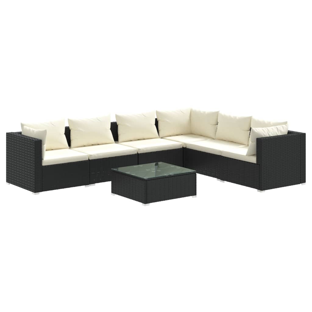Set de muebles de jardín 7 pzas y cojines ratán sintético negro