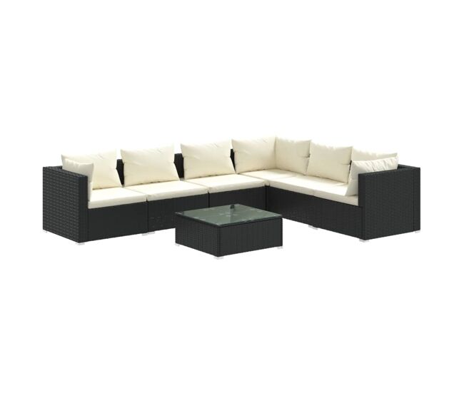 Set de muebles de jardín 7 pzas y cojines ratán sintético negro