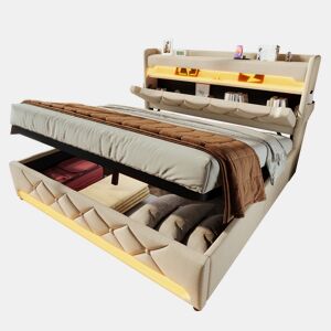 Cama de casal de linho 160x200cm com armazenamento e luz led,bege