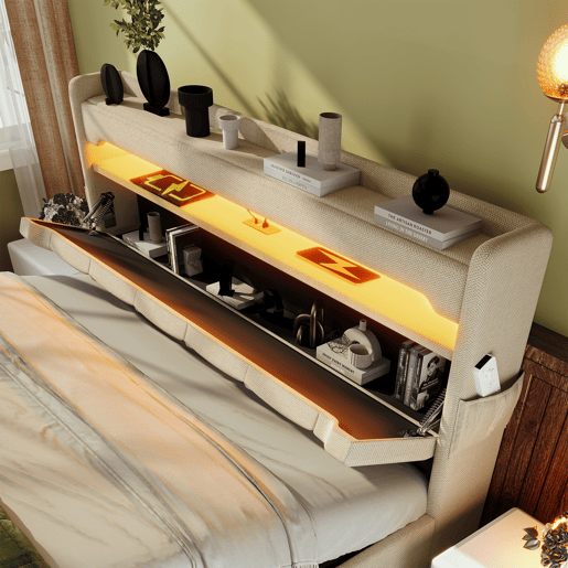 Cama de casal de linho 160x200cm com armazenamento e luz led,bege