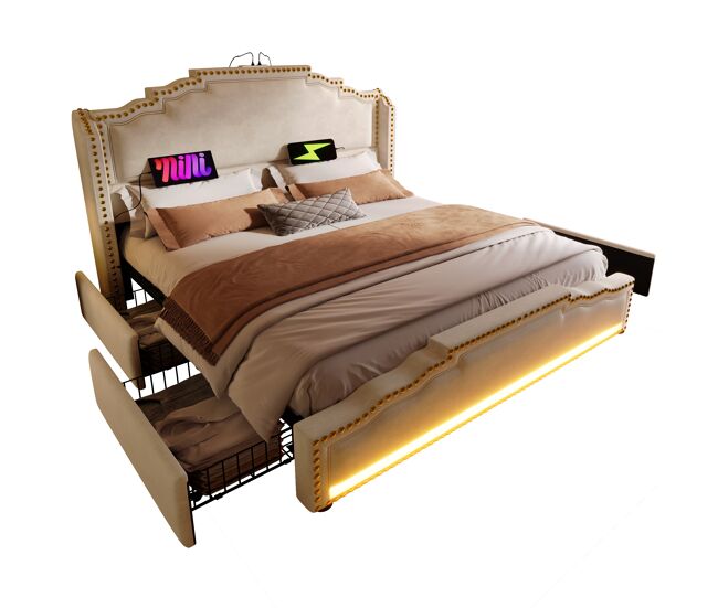 Cama de matrimonio de terciopelo 140x200cm con 4 cajones y luz led,beige