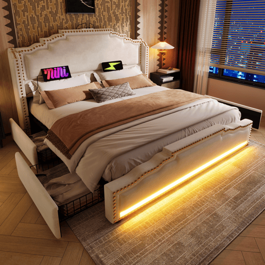 Cama de casal de veludo 140x200cm com 4 gavetas e luz led,bege