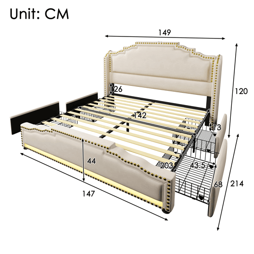 Cama de casal de veludo 140x200cm com 4 gavetas e luz led,bege
