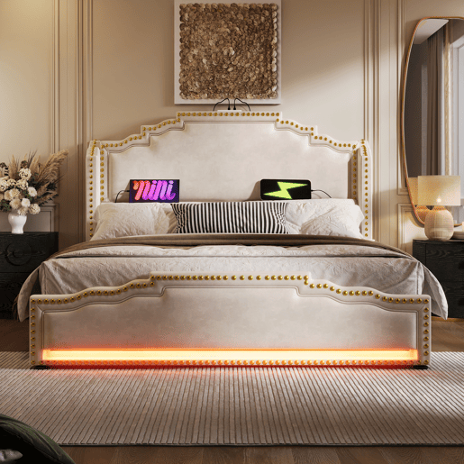 Cama de casal de veludo 140x200cm com 4 gavetas e luz led,bege