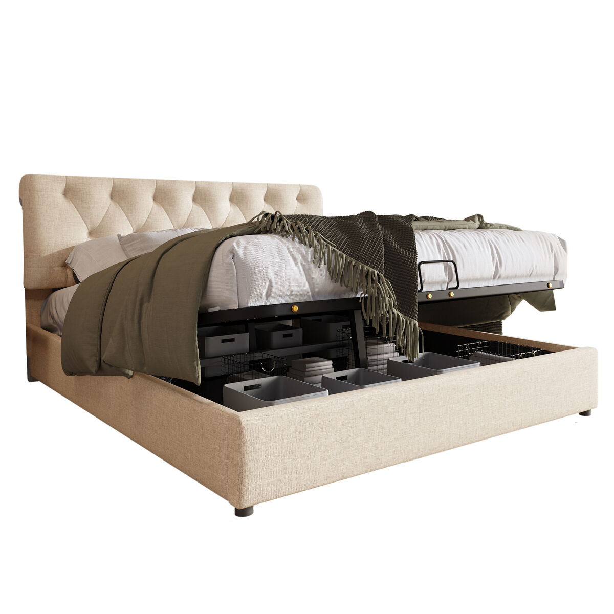 Cama de matrimonio de lino con almacenaje 148x212