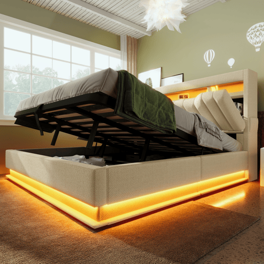 Cama de casal de linho 160x200cm com armazenamento e luz led,bege