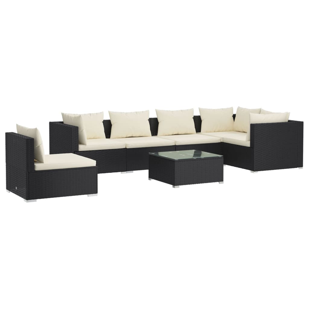 Set de muebles de jardín 7 pzas y cojines ratán sintético negro