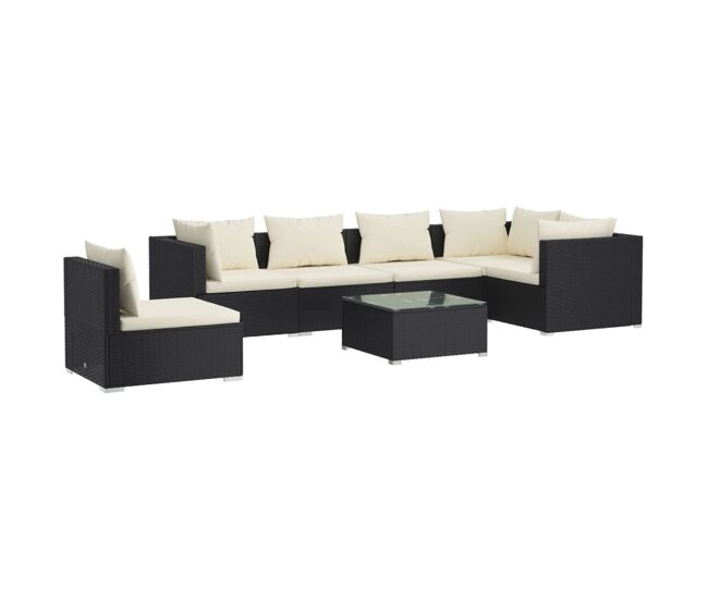 Set de muebles de jardín 7 pzas y cojines ratán sintético negro