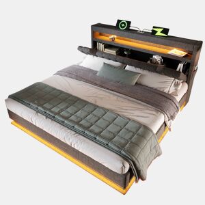 Cama de casal de linho 160x200cm com armazenamento e luz led,cinzento