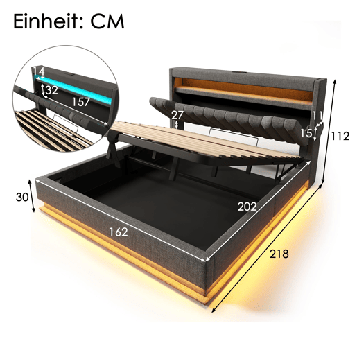 Cama de casal de linho 160x200cm com armazenamento e luz led,cinzento