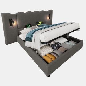 Cama de casal de linho 160x200cm com armazenamento,cinzento