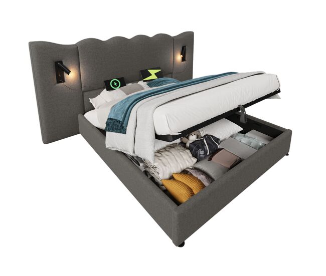 Cama de matrimonio de lino 160x200cm con almacenaje,gris