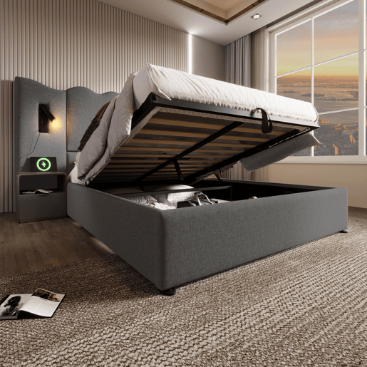Cama de casal de linho 160x200cm com armazenamento,cinzento