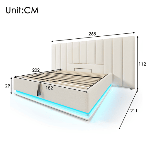 Cama de casal de pu 180x200cm com armazenamento e luz led,branco