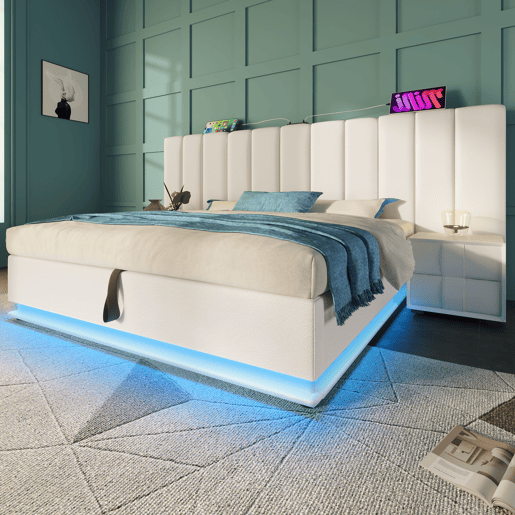 Cama de casal de pu 180x200cm com armazenamento e luz led,branco