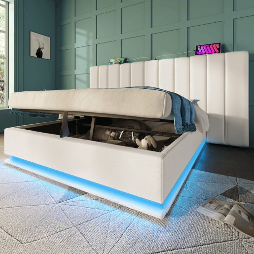 Cama de casal de pu 180x200cm com armazenamento e luz led,branco