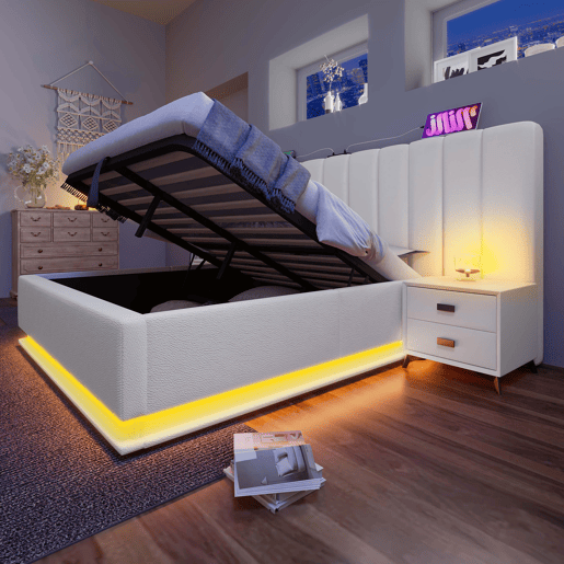 Cama de casal de pu 180x200cm com armazenamento e luz led,branco