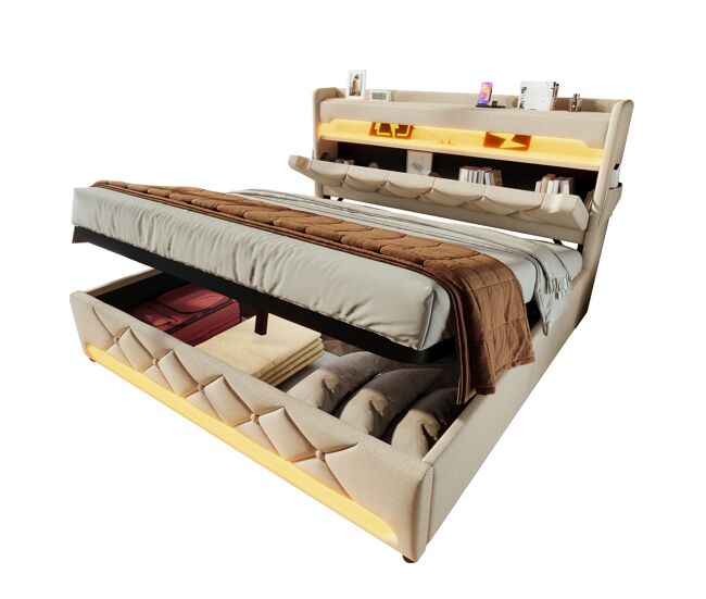 Cama de matrimonio de lino 180x200cm con almacenaje y luz led,beige