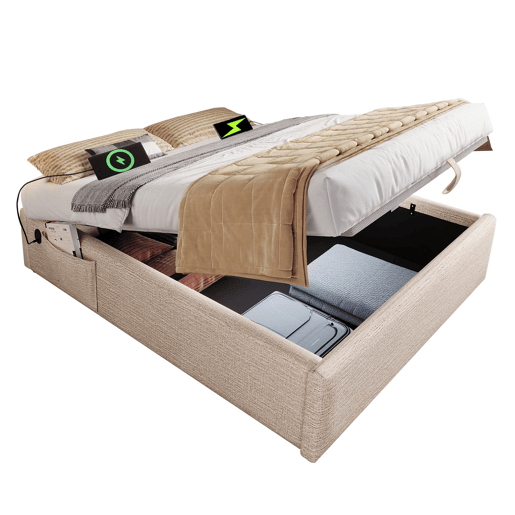 Cama de casal de linho 140x200cm com armazenamento,bege