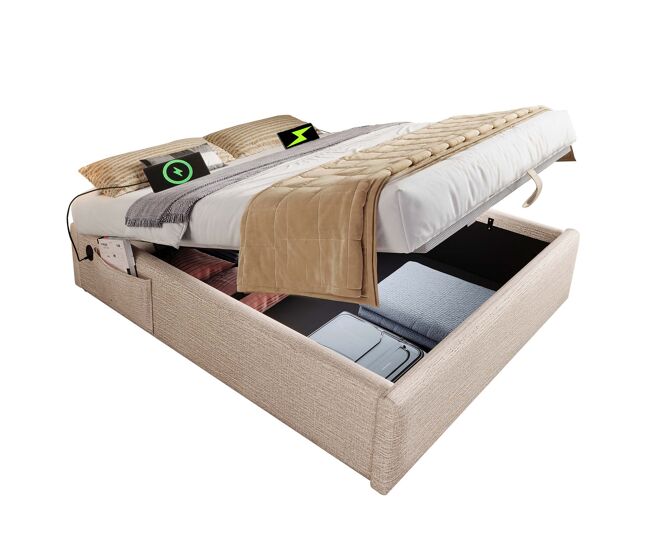 Cama de matrimonio de lino 140x200cm con almacenaje,beige