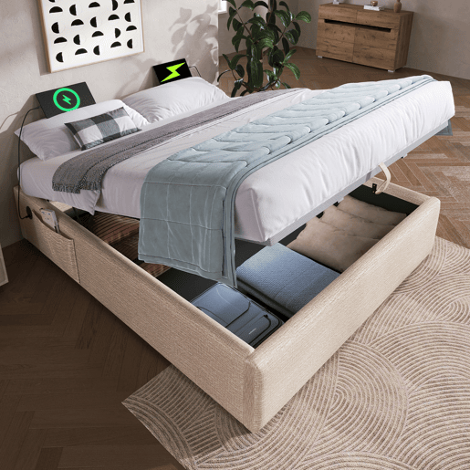 Cama de casal de linho 140x200cm com armazenamento,bege