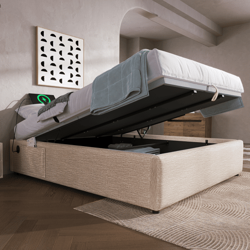 Cama de casal de linho 140x200cm com armazenamento,bege