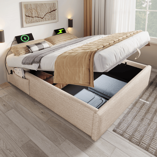 Cama de casal de linho 140x200cm com armazenamento,bege