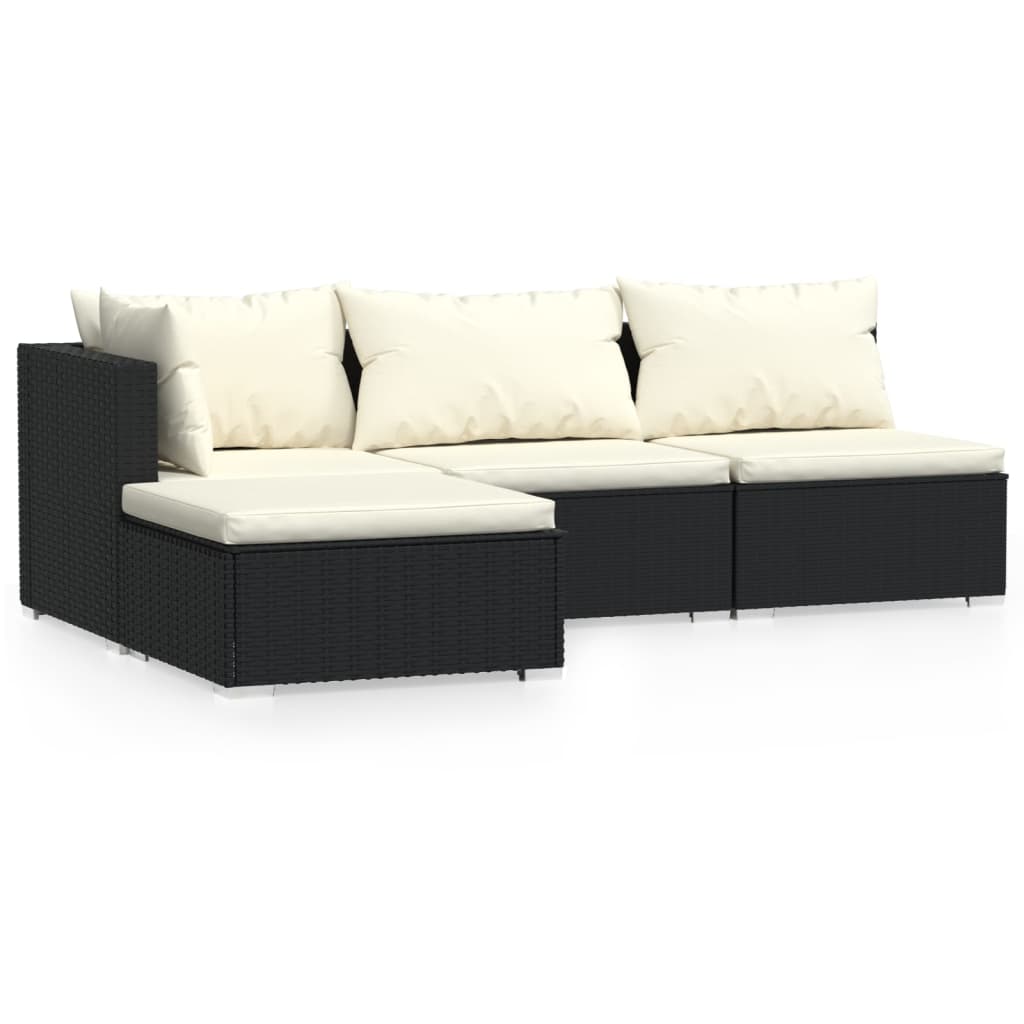 Set de muebles de jardín 4 pzas y cojines ratán sintético negro