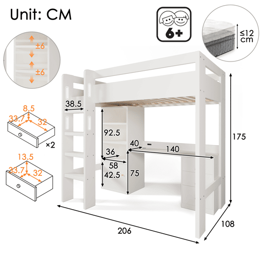 Cama alta para crianças,cama de solteiro de mdf e panel de partículas 90x200cm com 3 gavetas,branco
