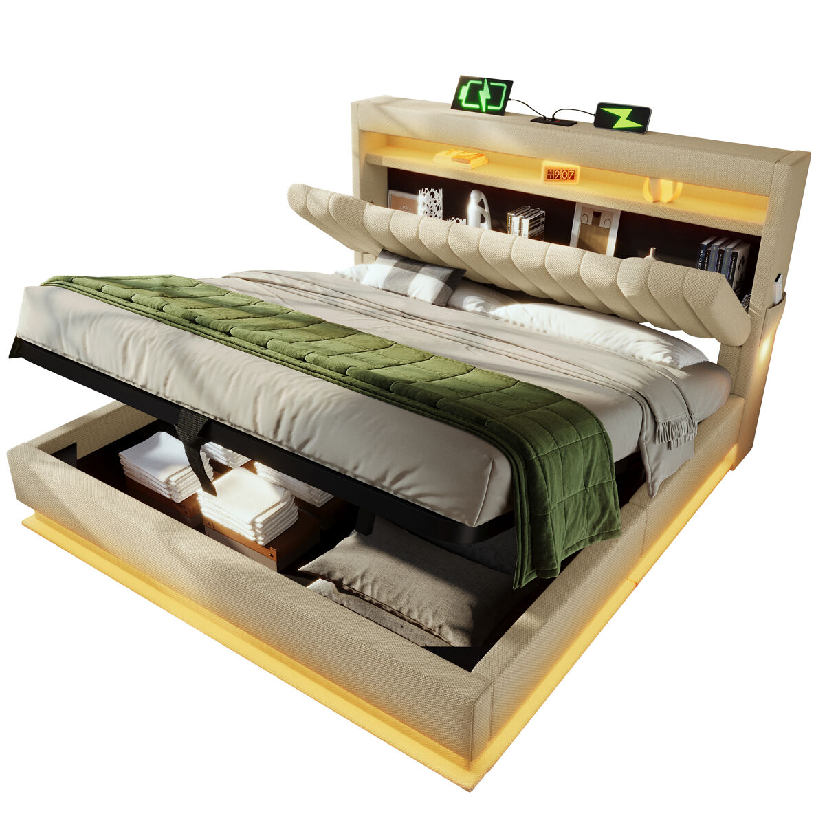 Cama de matrimonio de lino con almacenaje 142x218