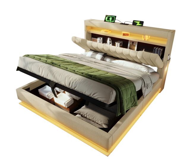 Cama de matrimonio de lino 140x200cm con almacenaje y luz led,beige