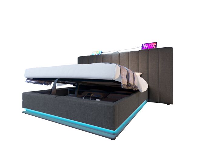 Cama de matrimonio de lino 160x200cm con almacenaje y luz led,gris