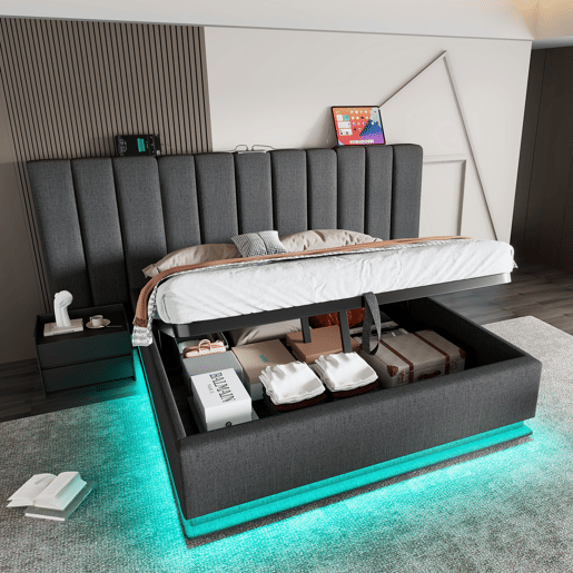 Cama de casal de linho 160x200cm com armazenamento e luz led,cinzento