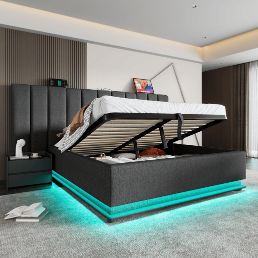 Cama de casal de linho 160x200cm com armazenamento e luz led,cinzento