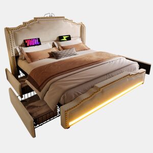 Cama de casal de veludo 160x200cm com 4 gavetas e luz led,bege