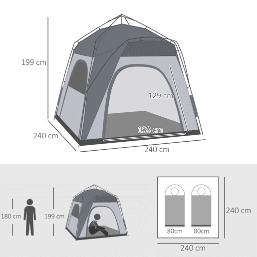 Outsunny Tenda de Campismo Instantânea para 3 Pessoas com 4 Janelas, 2 Bolsos e Bolsa de Transporte, 240x240x199 cm, Cinzento e Branco